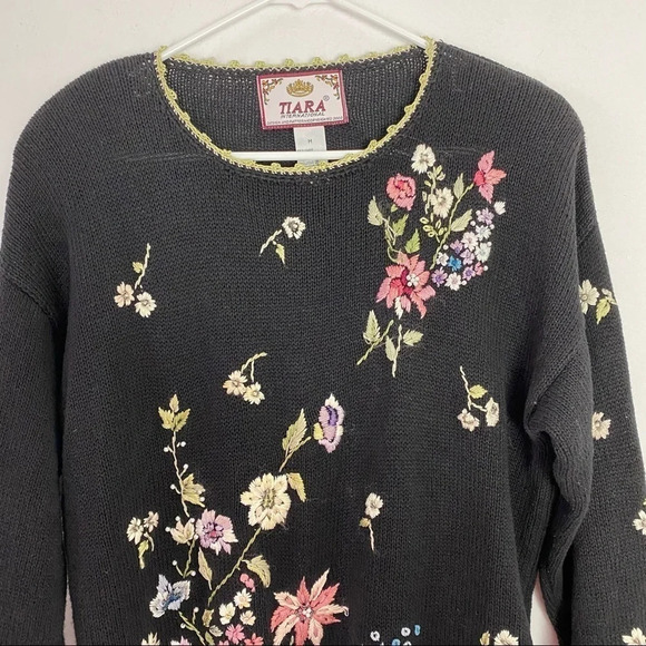 Vintage Floral Embroidered Y2K Pullover Sweater Tunic Womens Size Medium Black - Picture 4 of 13